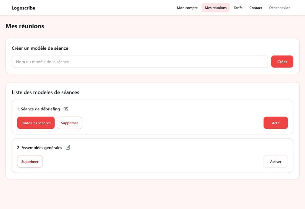 Capture d'écran : Modèles de séances