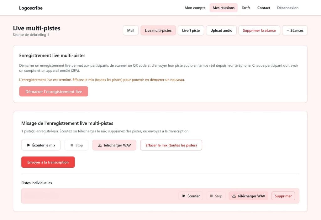 Capture d'écran : Mixage et envoi à la transcription