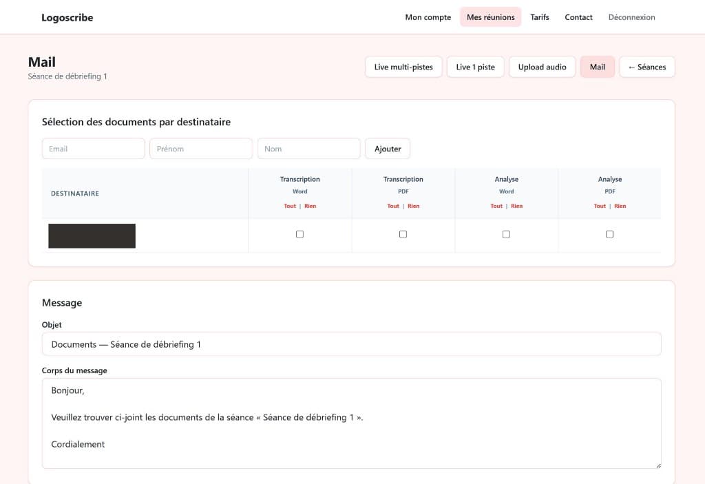 Capture d'écran : Envoi des documents par email
