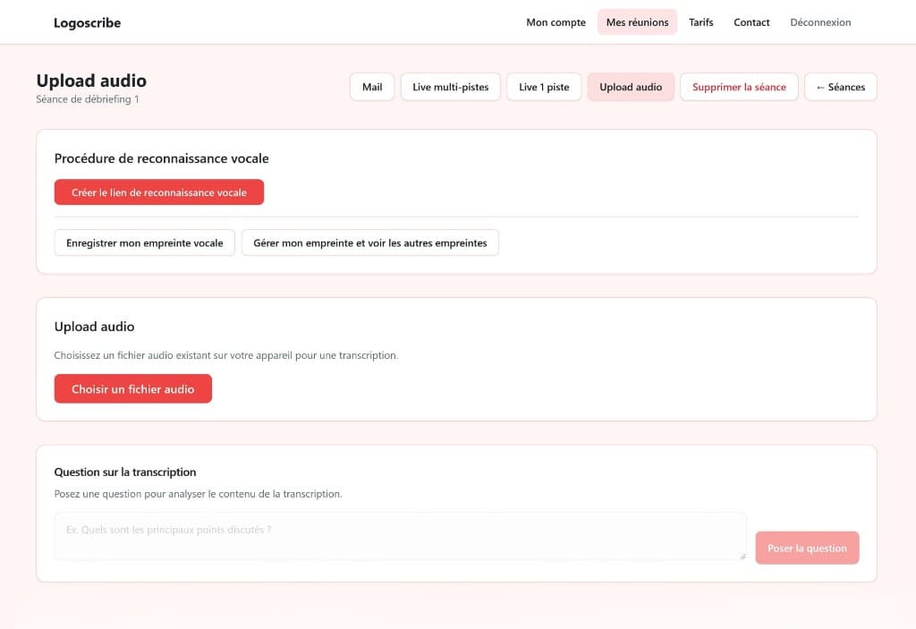 Capture d'écran : Import fichier et identification vocale